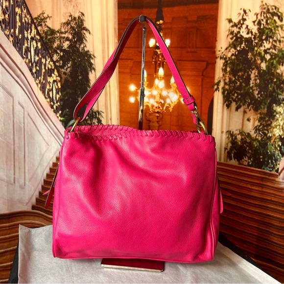 Lodis Fuchsia Pink Leather Shoulder Hobo Bag with Braided Trim, soft supple 💖 - Picture 7 of 17